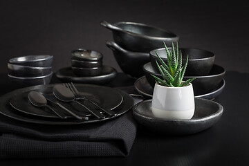 Image showing Dishes in minimalistic black design. Pure black.