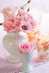 Image showing Beautiful bouquet in pink and white on the kitchen table