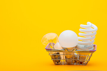 Image showing In the grocery basket are different types of light bulbs - incandescent, energy-saving and LED