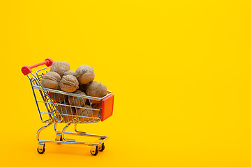 Image showing Walnuts are in the grocery basket, bright orange background