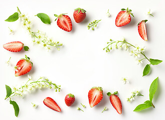 Image showing blooming bird cherry and strawberries