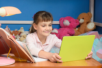 Image showing Cheerful girl in self-isolation mode studying at home