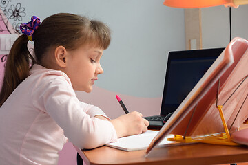 Image showing Side view of a girl who is studying remotely at home