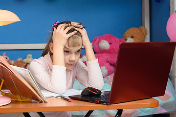 Image showing A girl studying remotely at home faced a difficult task