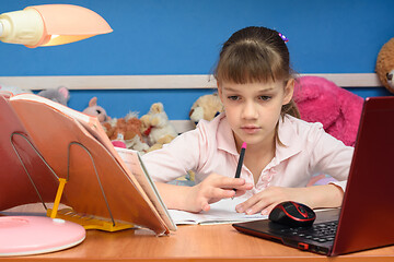 Image showing The girl thought about the task while doing homework