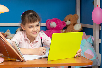 Image showing A girl in a children\'s room sits at a table and studies online