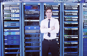 Image showing young it engeneer in datacenter server room