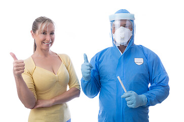 Image showing Healthcare worker and patient thumbs up after coronavirus swab