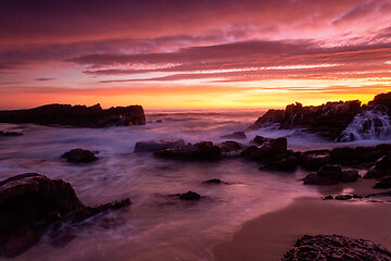 Image showing Magnifient red sunrise over the coast of Merimbula