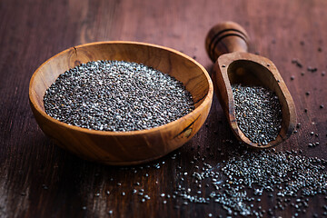 Image showing Chia seeds with spoon in the bowl on the wooden background