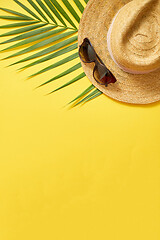 Image showing Straw hat, green palm leaf and sunglasses on yellow backdrop. Su