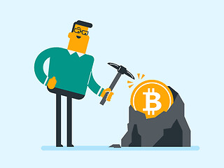 Image showing Caucasian man with pickaxe working in bitcoin mine