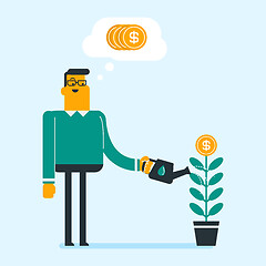 Image showing Caucasian businessman watering money flower.