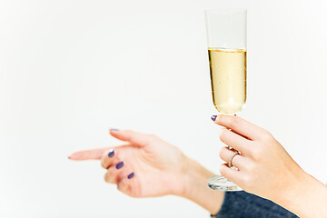 Image showing Celebration. Female hands holding the glasse of champagne or wine making a toast.