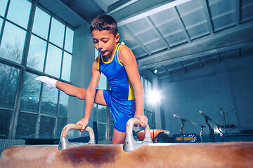 Image showing The sportsman performing difficult gymnastic exercise at gym.