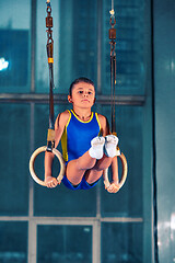 Image showing Full length rearview shot of a male athlete performing pull-ups on gymnastic rings.