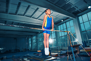 Image showing beautiful boy is engaged in sports gymnastics on a parallel bars