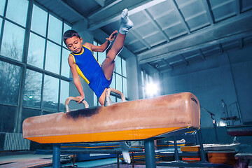 Image showing The sportsman performing difficult gymnastic exercise at gym.
