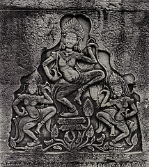 Image showing Historic Khmer bas-relief with dancing Hindu goddesses