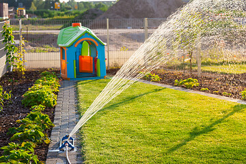 Image showing Automatic watering system for new fresh lawn