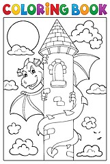 Image showing Coloring book dragon on tower image 1