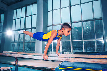 Image showing beautiful boy is engaged in sports gymnastics on a parallel bars