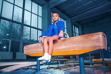 Image showing The sportsman performing difficult gymnastic exercise at gym.