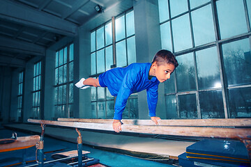 Image showing beautiful boy is engaged in sports gymnastics on a parallel bars