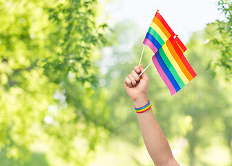 Image showing hand with gay pride rainbow flags and wristband