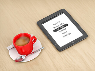 Image showing E-book reader and coffee