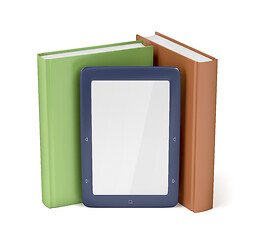 Image showing E-reader and two books on white