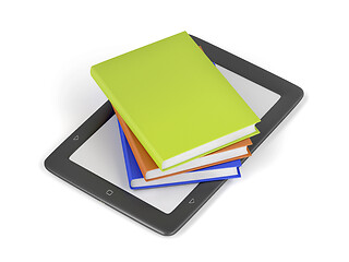 Image showing Stack of colorful books on e-book reader
