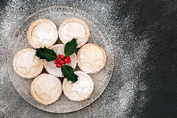 Image showing Christmas Mince Pies with Holly and Icing Sugar