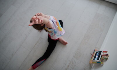 Image showing girl online education ballet class at home top view