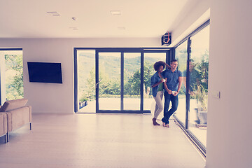 Image showing romantic happy young couple relax at modern home indoors