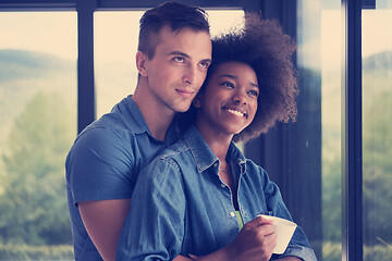 Image showing romantic happy young couple relax at modern home indoors