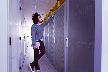 Image showing IT engineer working on a tablet computer in server room