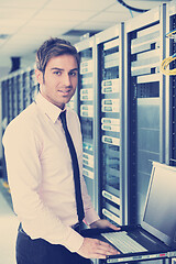 Image showing young it engeneer in datacenter server room