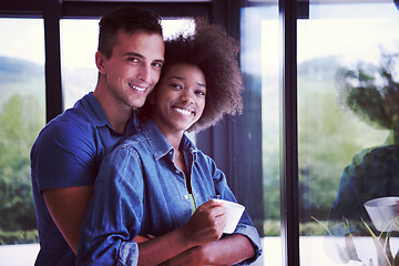 Image showing romantic happy young couple relax at modern home indoors