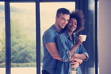 Image showing romantic happy young couple relax at modern home indoors