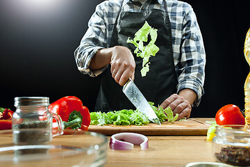 Image showing Preparing salad. Female chef cutting fresh vegetables. Cooking process. Selective focus