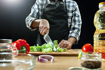 Image showing Preparing salad. Female chef cutting fresh vegetables. Cooking process. Selective focus