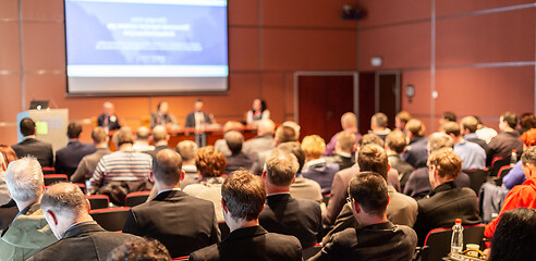 Image showing Round table discussion at business conference event.