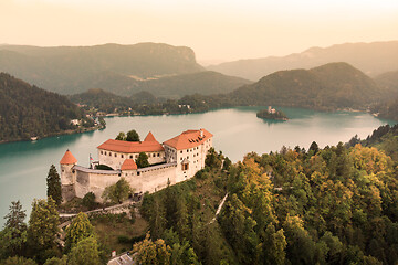 Image showing Aerial view of Lake Bled and the castle of Bled, Slovenia, Europe. Aerial drone photography.