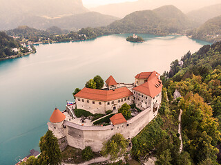 Image showing Aerial view of Lake Bled and the castle of Bled, Slovenia, Europe. Aerial drone photography