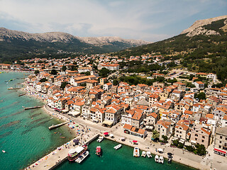 Image showing Aerial panoramic view of Baska town, popular touristic destination on island Krk, Croatia, Europe