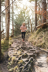 Image showing Active sporty woman listening to the music while running in autumn fall forest. Female runner training outdoor. Healthy lifestyle image of young caucasian woman jogging outside