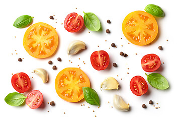 Image showing flat lay composition of tomato and basil