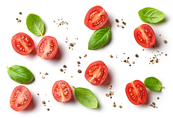 Image showing flat lay composition of tomato and basil