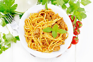 Image showing Spaghetti with bolognese in plate on light board top